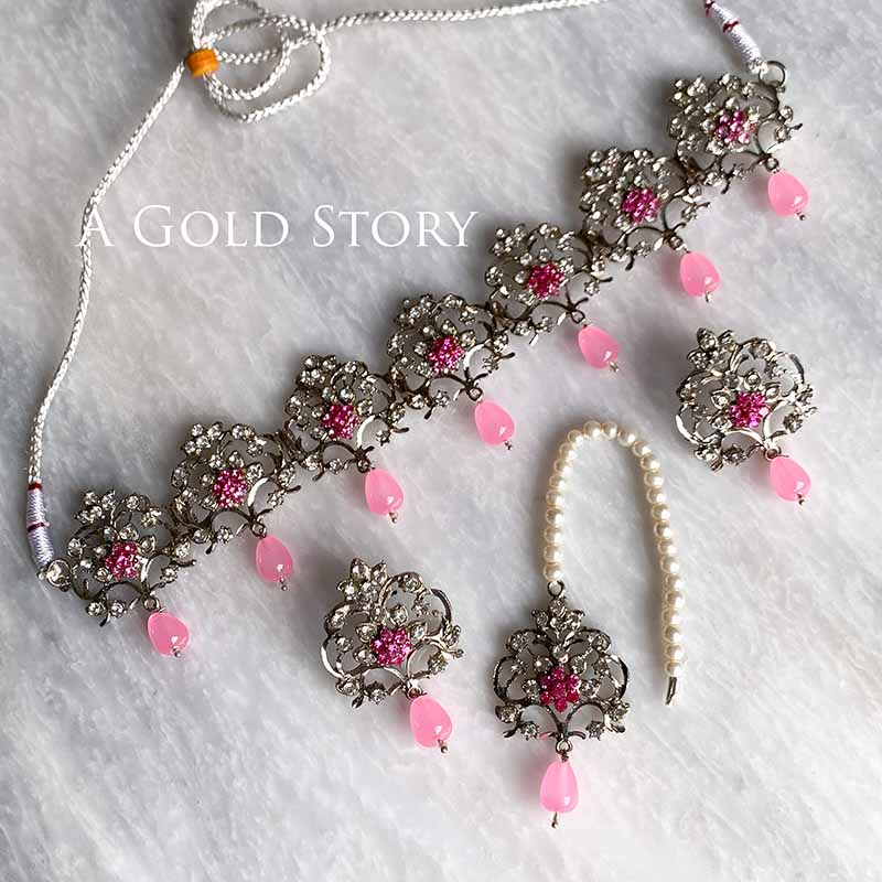 AIZA CHOKER SET SILVER PINK