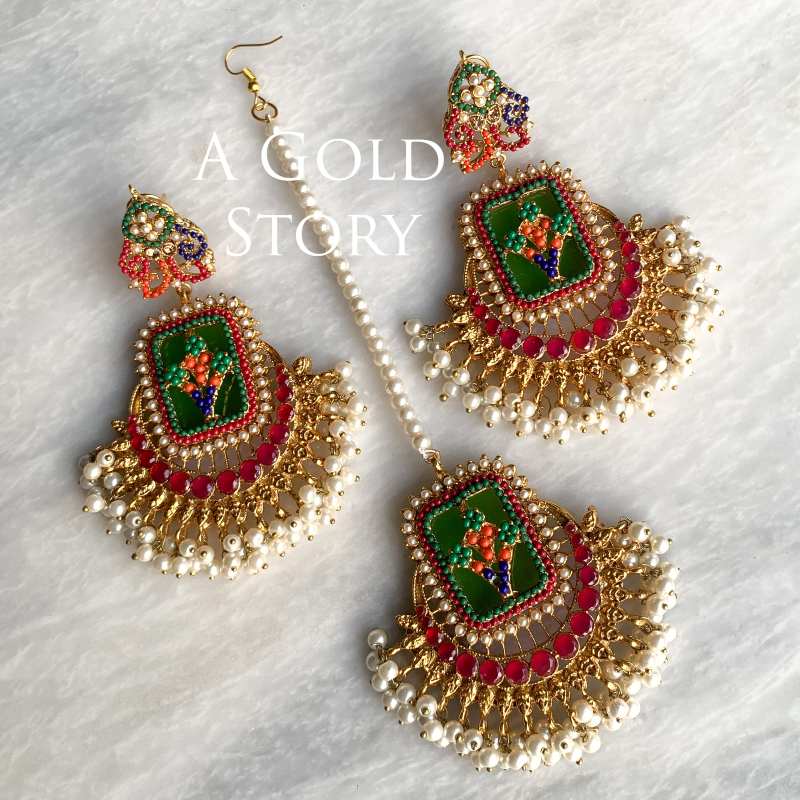FRIDA EARRINGS AND TIKKA SET GREEN