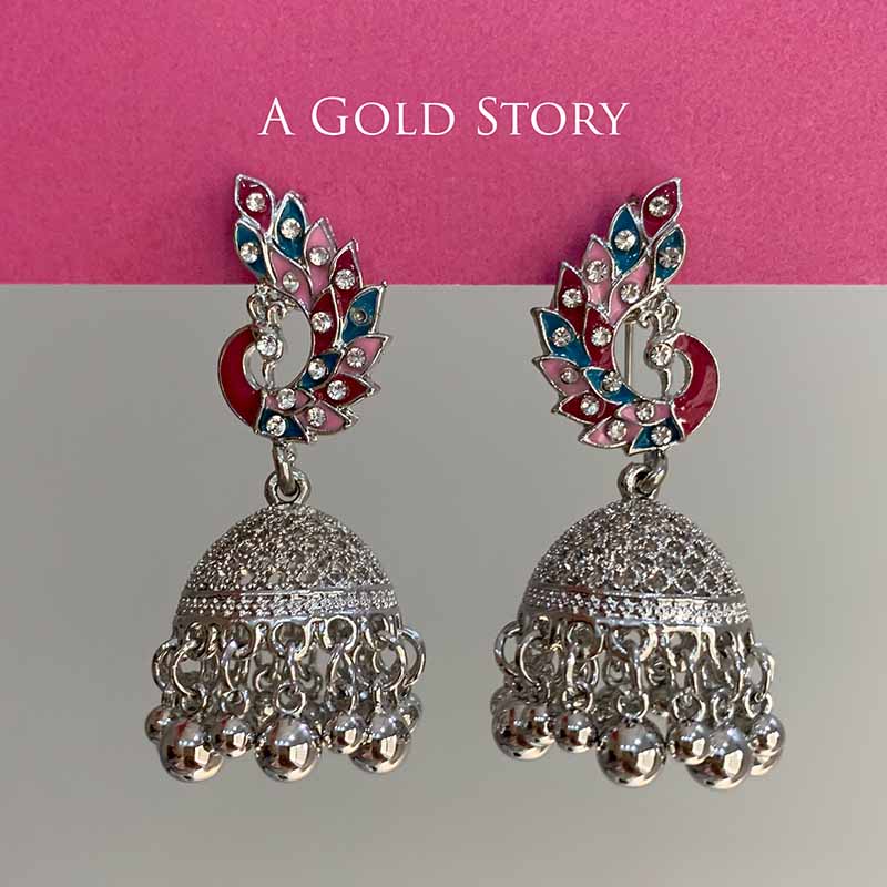 PEACOCOK JHUMKAY SILVER HOT PINK