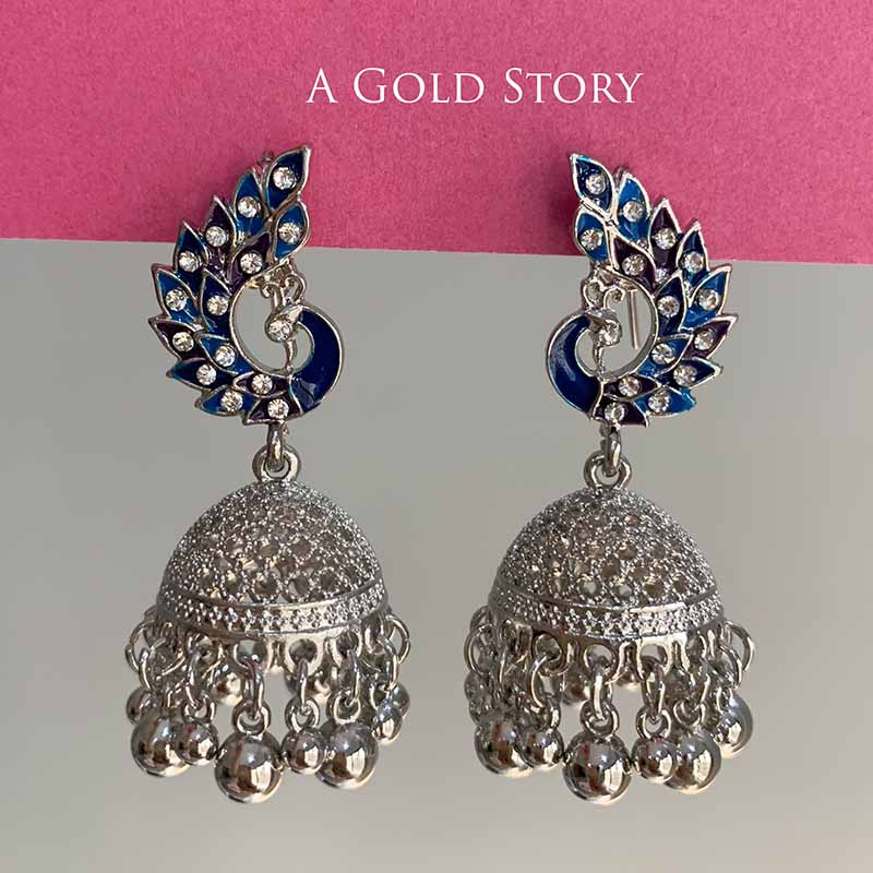 PEACOCOK JHUMKAY SILVER BLUE