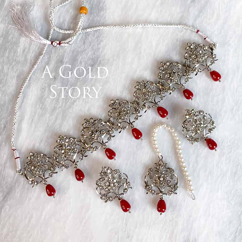 AIZA CHOKER SET SILVER MAROON