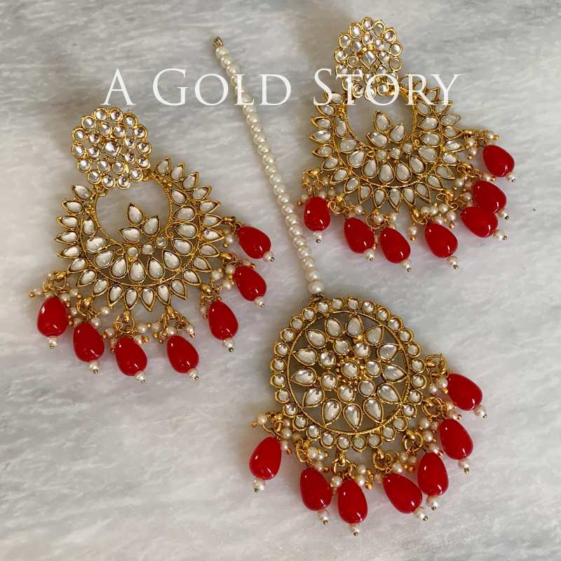 MAHIZ EARRINGS & TIKKA SET RED