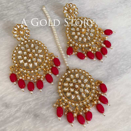 MAHIA EARRINGS & TIKKA SET RED