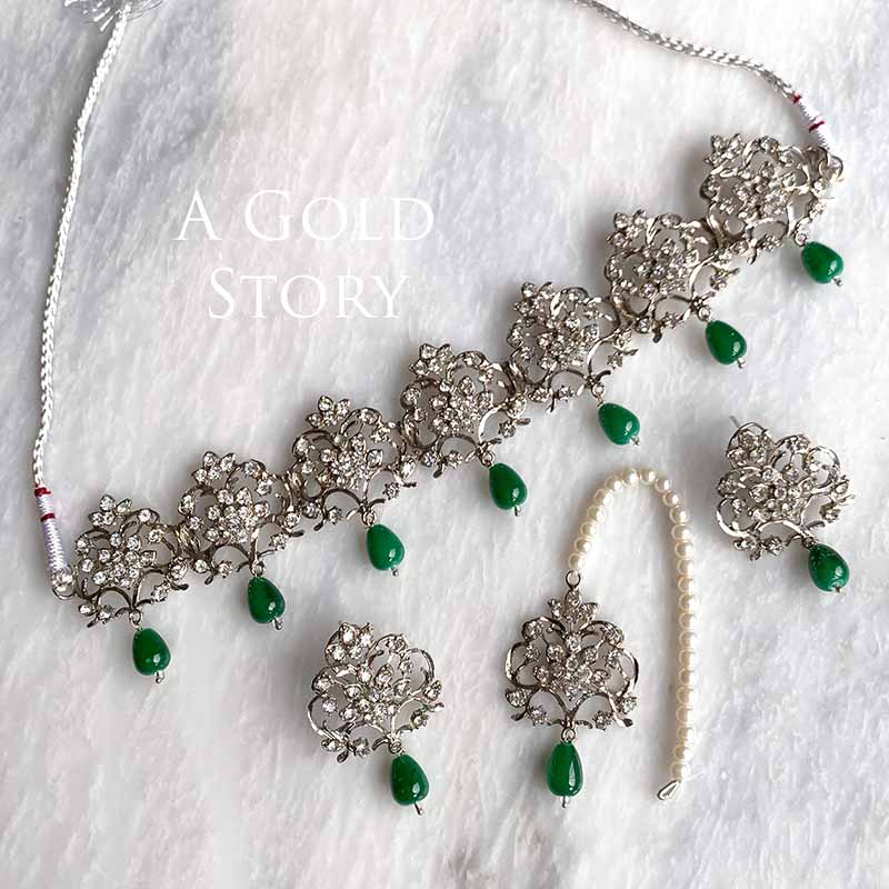 AIZA CHOKER SET SILVER EMARALD GREEN