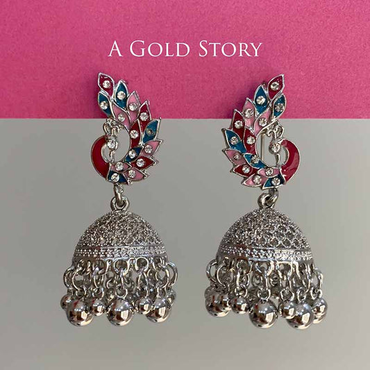 PEACOCOK JHUMKAY SILVER HOT PINK
