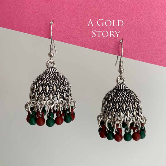 SUHA JHUMKIS SILVER GREEN & RED